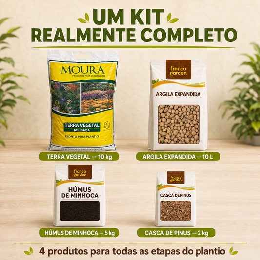 Kit Plantio Completo - Terra, Argila, Húmus e Casca de Pinus