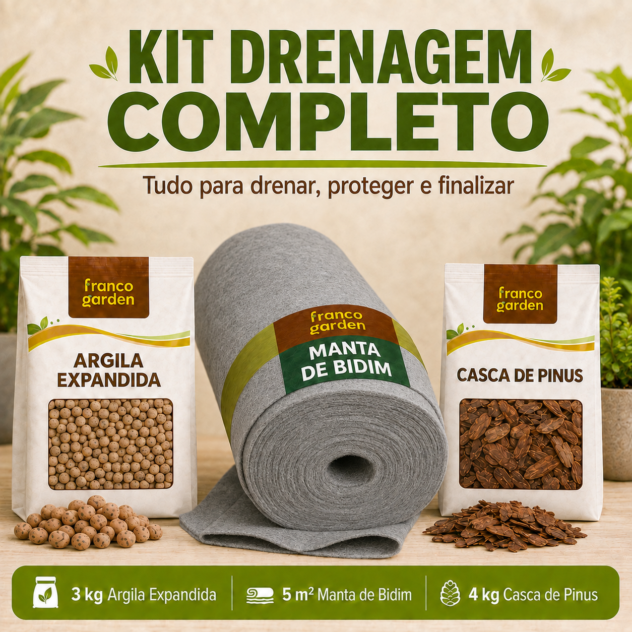 Kit Drenagem Completa para Vasos - Argila, Manta Bidim e Casca de Pinus