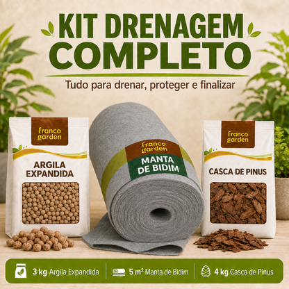Kit Drenagem Completa para Vasos - Argila, Manta Bidim e Casca de Pinus