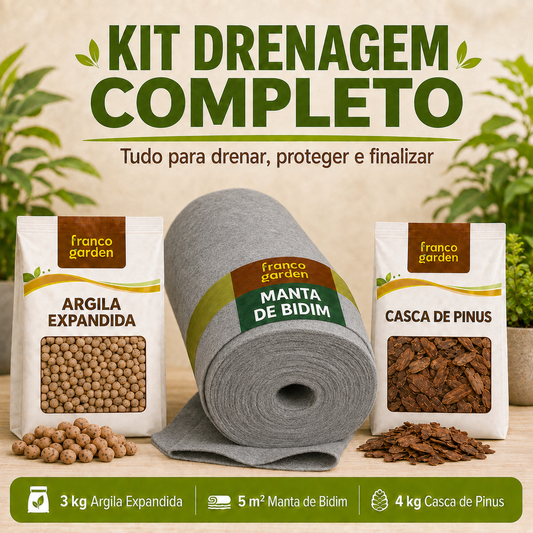 Kit Drenagem Completa para Vasos - Argila, Manta Bidim e Casca de Pinus