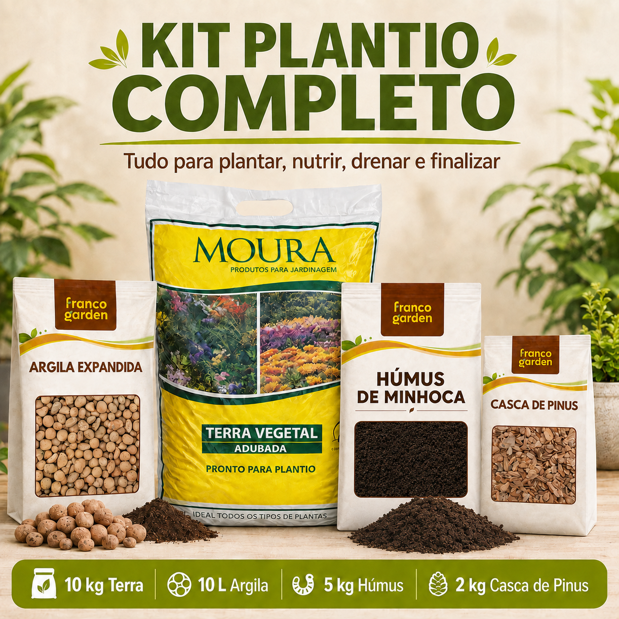 Kit Plantio Completo - Terra, Argila, Húmus e Casca de Pinus