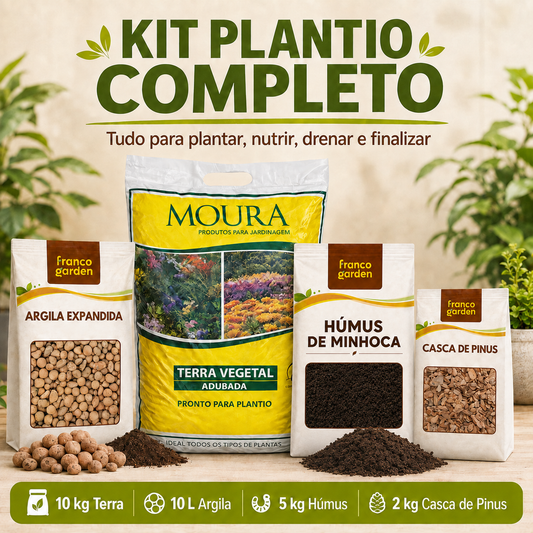 Kit Plantio Completo - Terra, Argila, Húmus e Casca de Pinus