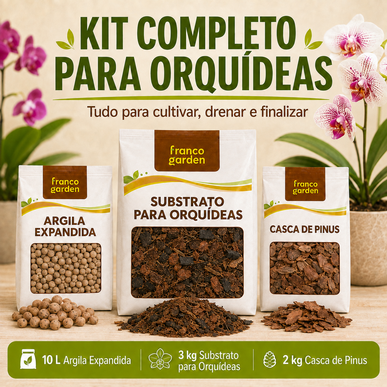 Kit Completo para Orquídeas - Substrato, Argila e Casca de Pinus