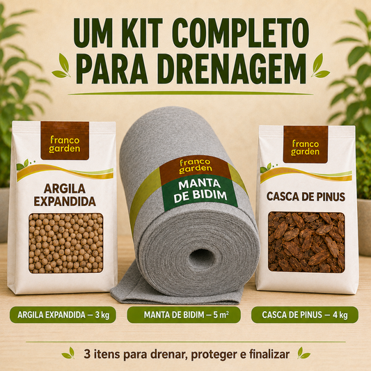 Kit Drenagem Completa para Vasos - Argila, Manta Bidim e Casca de Pinus