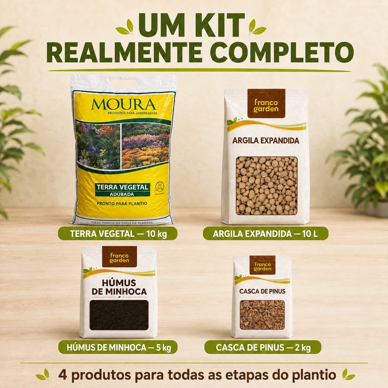 Kit Plantio Completo - Terra, Argila, Húmus e Casca de Pinus