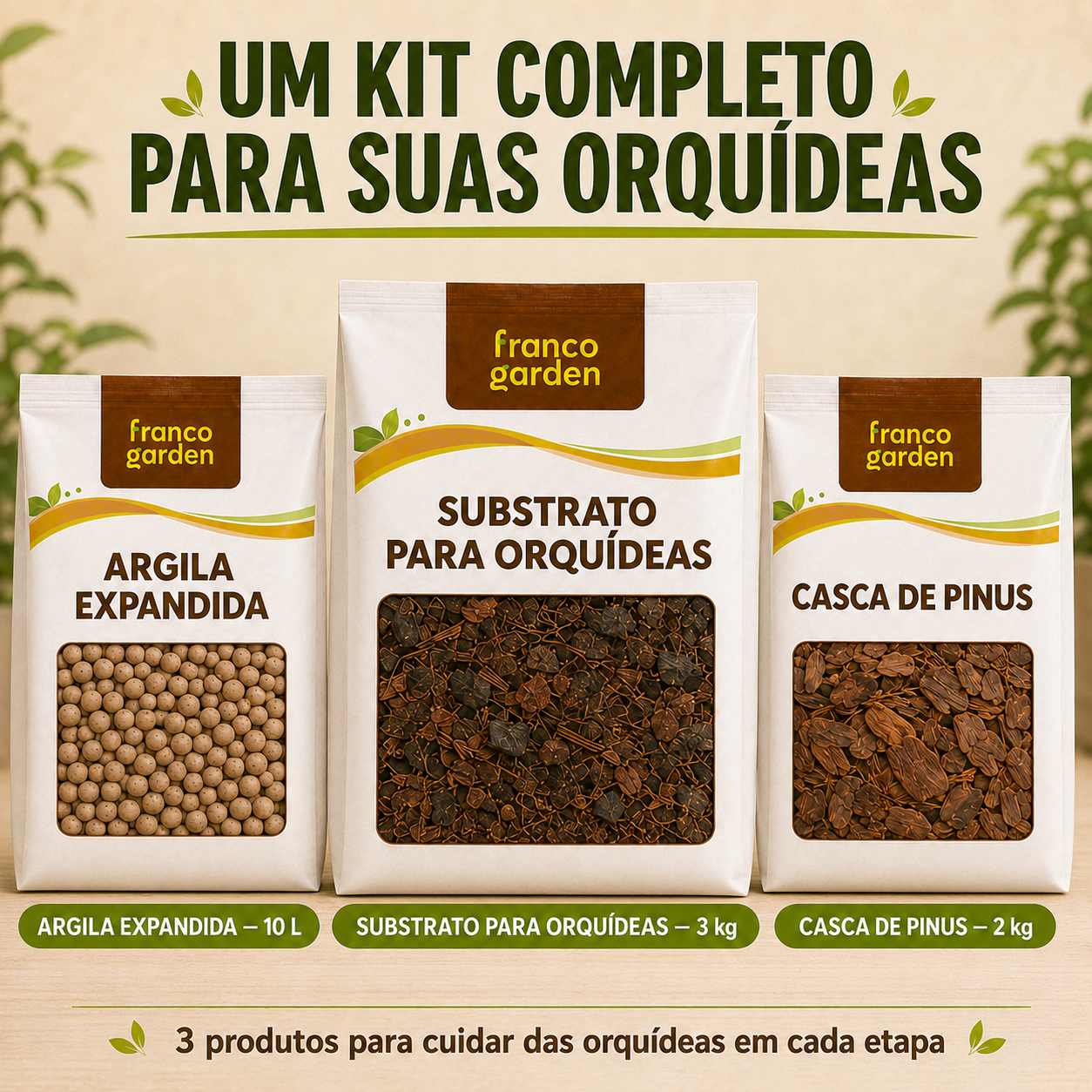Kit Completo para Orquídeas - Substrato, Argila e Casca de Pinus