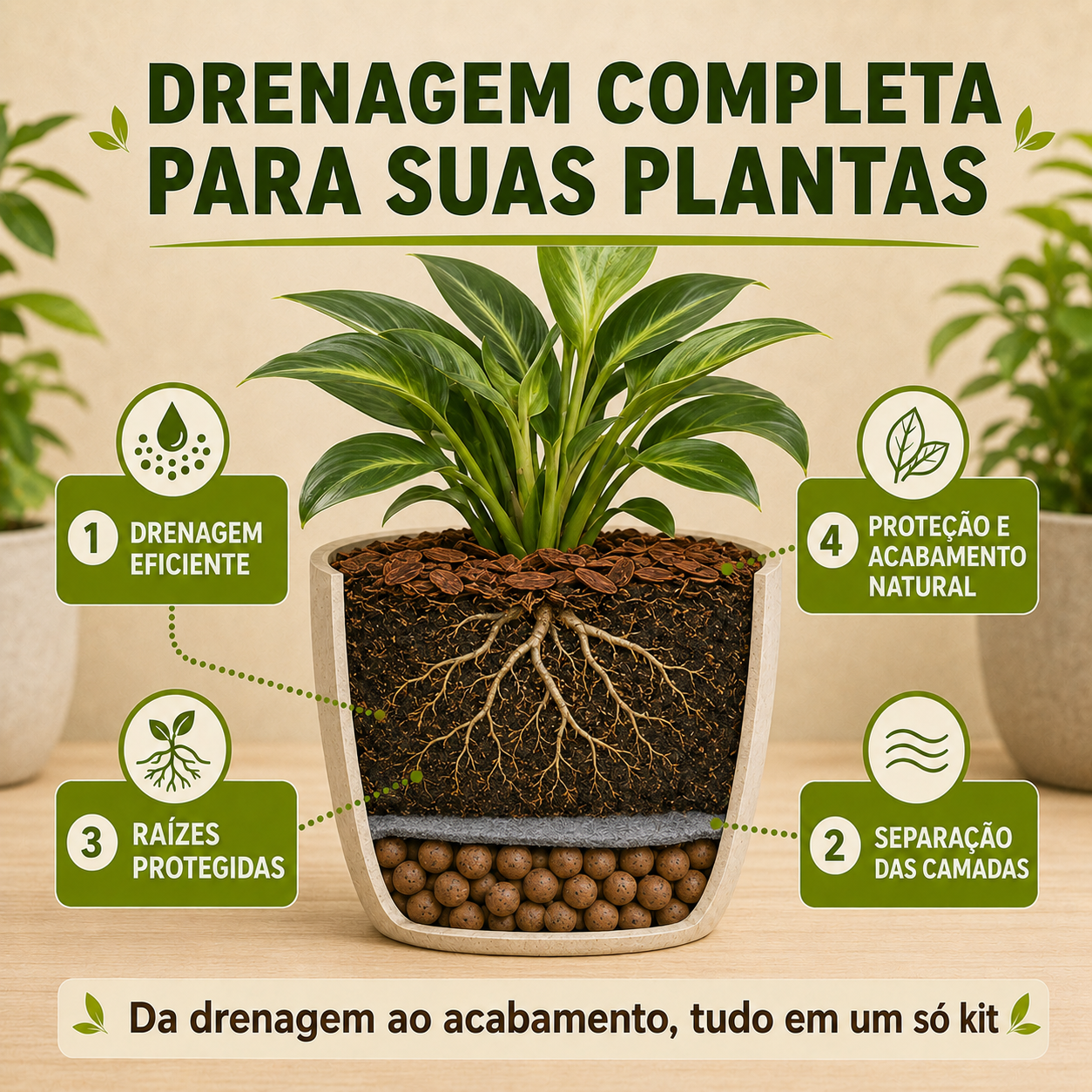 Kit Drenagem Completa para Vasos - Argila, Manta Bidim e Casca de Pinus