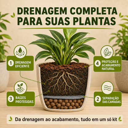Kit Drenagem Completa para Vasos - Argila, Manta Bidim e Casca de Pinus