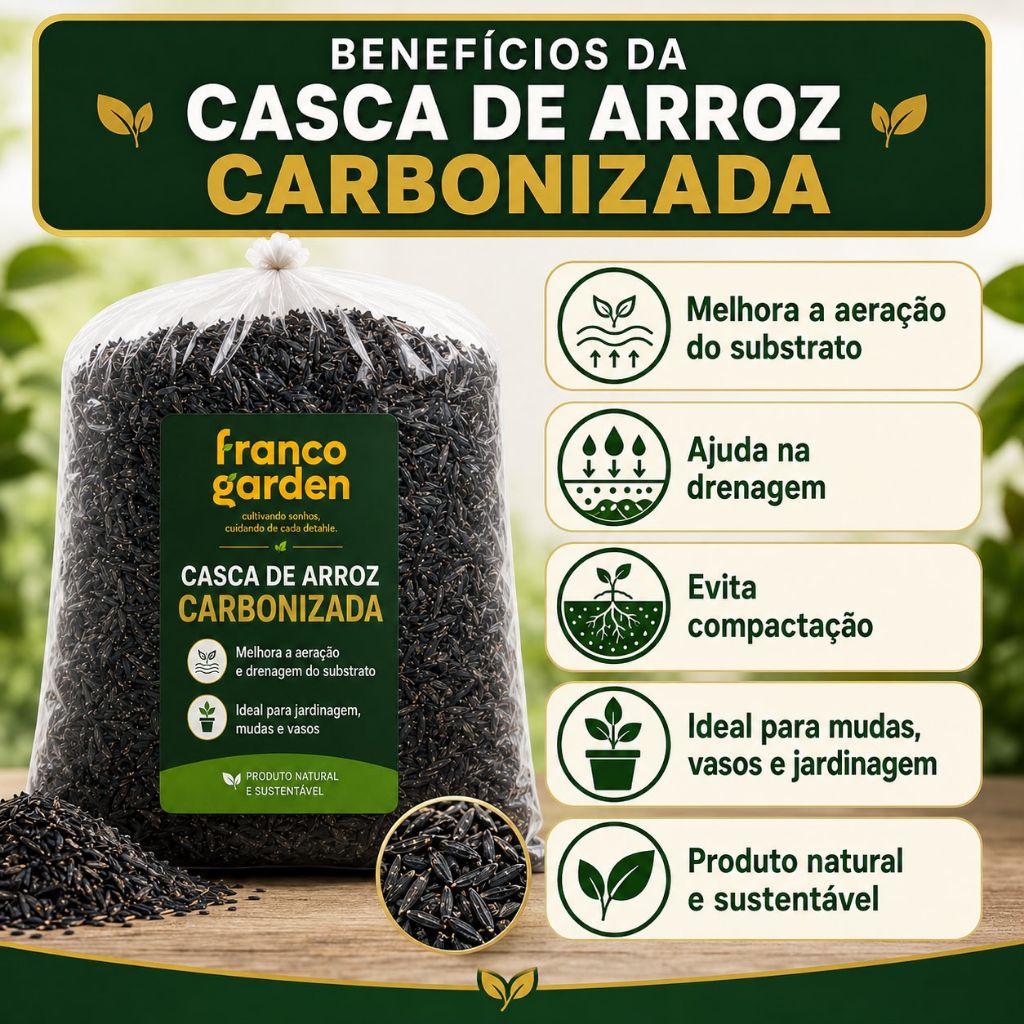 Casca de Arroz Carbonizada - Substrato Leve para Drenagem e Aeração