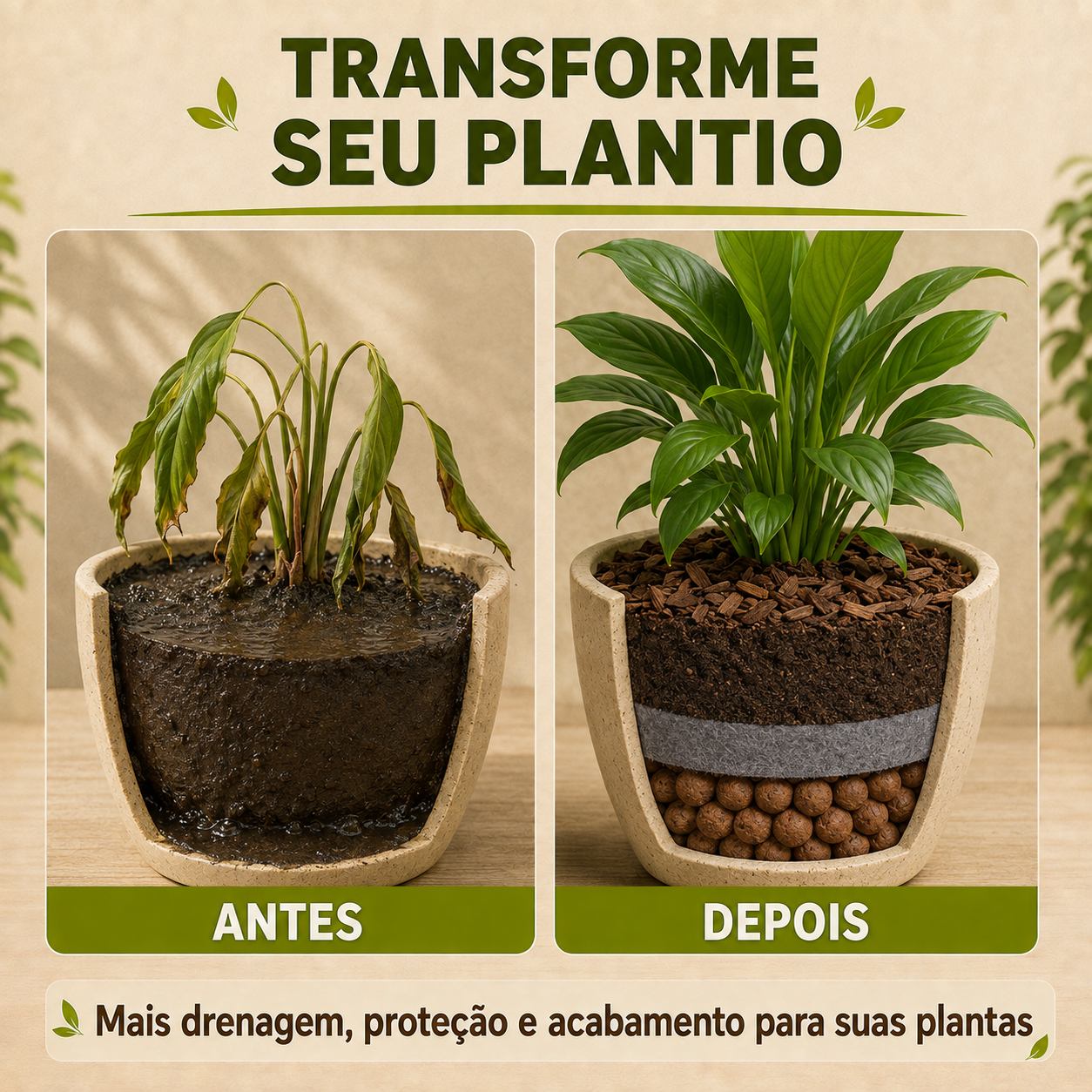 Kit Drenagem Completa para Vasos - Argila, Manta Bidim e Casca de Pinus