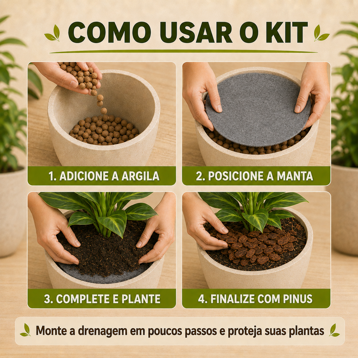 Kit Drenagem Completa para Vasos - Argila, Manta Bidim e Casca de Pinus