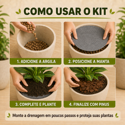 Kit Drenagem Completa para Vasos - Argila, Manta Bidim e Casca de Pinus