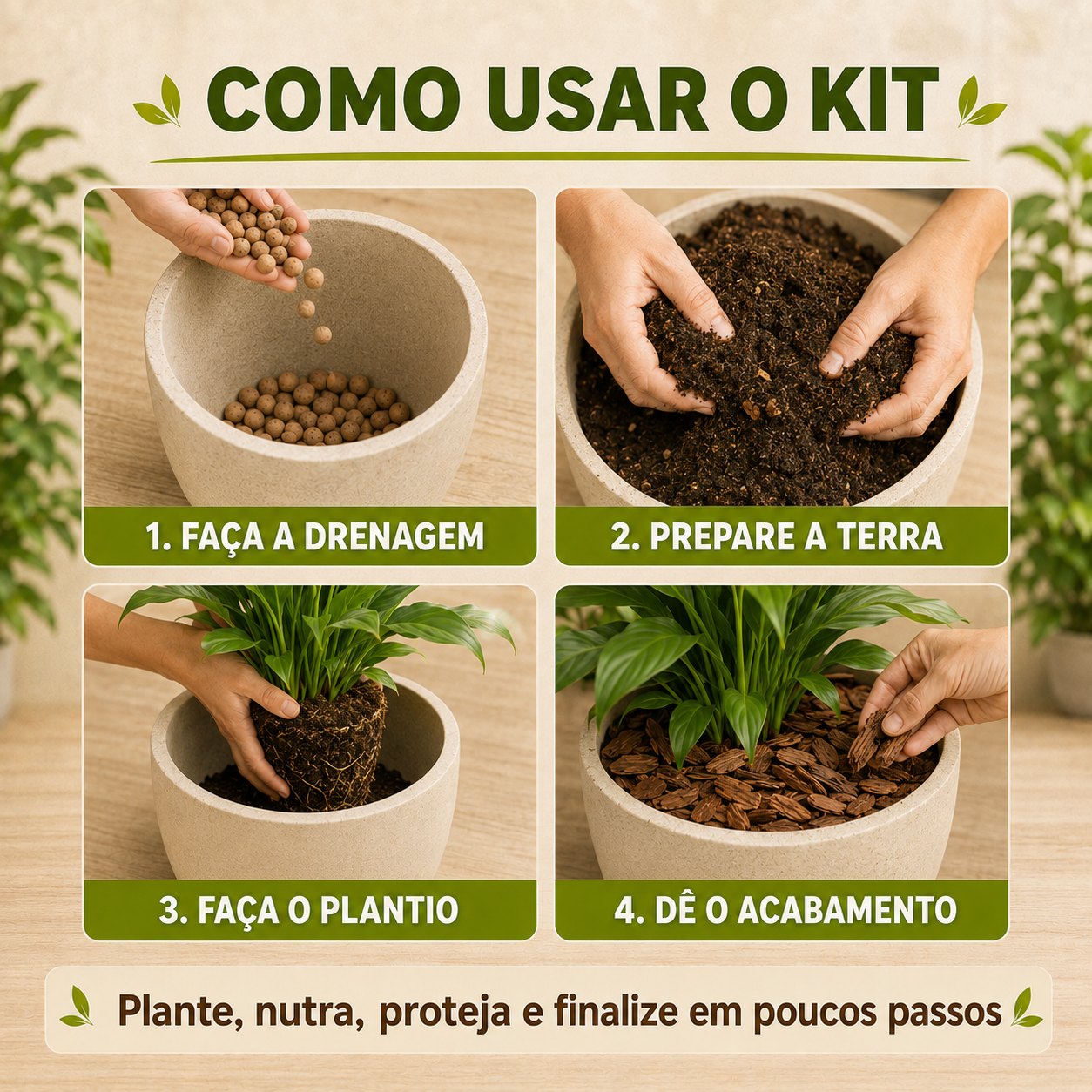 Kit Plantio Completo - Terra, Argila, Húmus e Casca de Pinus