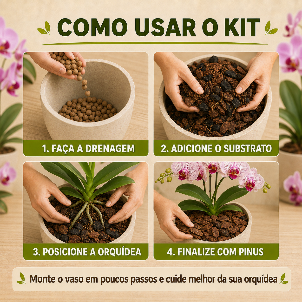 Kit Completo para Orquídeas - Substrato, Argila e Casca de Pinus