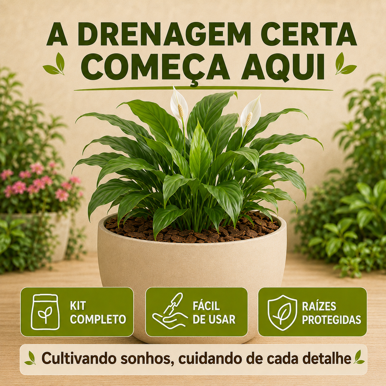 Kit Drenagem Completa para Vasos - Argila, Manta Bidim e Casca de Pinus