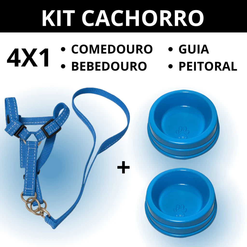 Kit Peitoral com Guia + Comedouro e Bebedouro 300ml para Cachorro