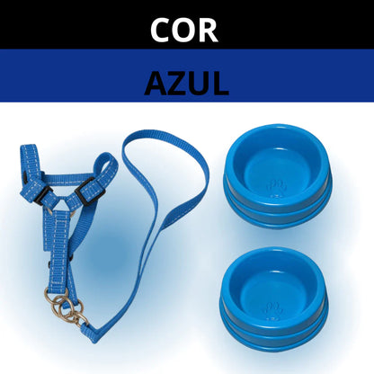 Kit Peitoral com Guia + Comedouro e Bebedouro 300ml para Cachorro