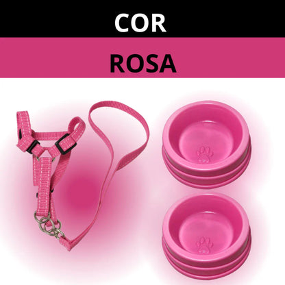 Kit Peitoral com Guia + Comedouro e Bebedouro 300ml para Cachorro
