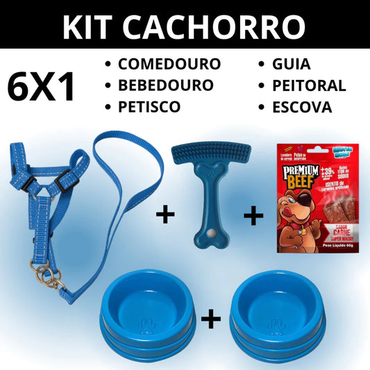 Kit Cachorro 6 em 1 Peitoral com Guia + Comedouros 300ml + Escova + Petisco