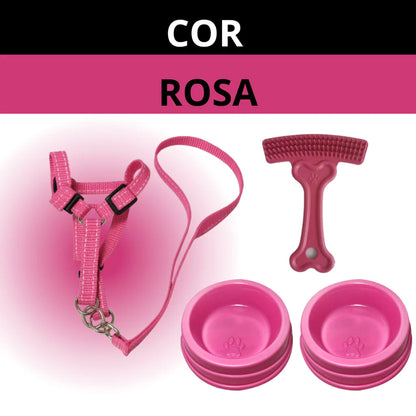 Kit Cachorro 6 em 1 Peitoral com Guia + Comedouros 300ml + Escova + Petisco