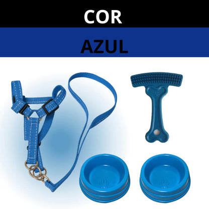 Kit Cachorro 6 em 1 Peitoral com Guia + Comedouros 300ml + Escova + Petisco